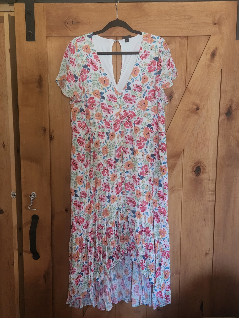 Torrid White Floral V-Neck Maxi Dress with Pink & Orange Blooms